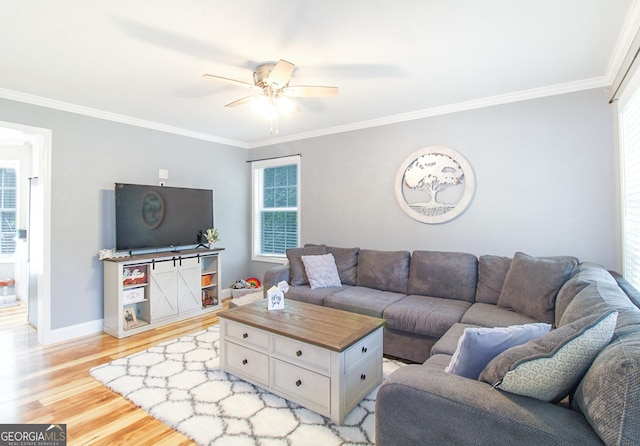 1609 Dillard Bray Rd, Royston, GA 30662 - living room with light wood finished floors, ornamental molding, a wealth of natural light, and ceiling fan