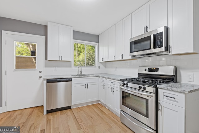 kitchen with a sink, appliances with stainless steel finishes, white cabinetry, light wood-style floors, and decorative backsplash