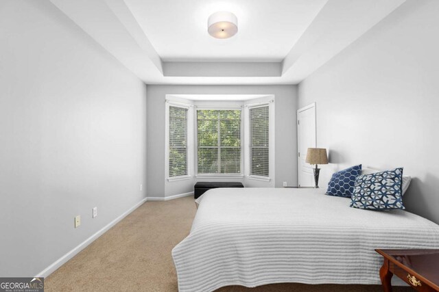 carpeted bedroom featuring baseboards and a tray ceiling