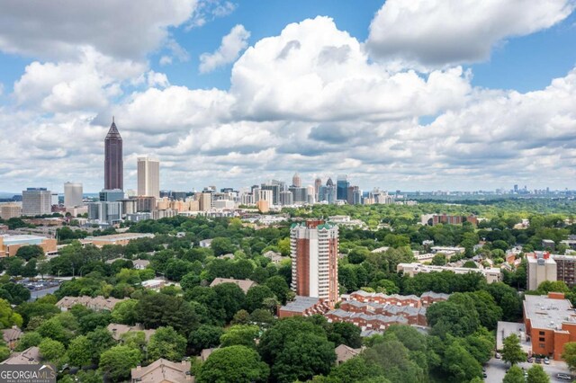 city view with a tree filled landscape