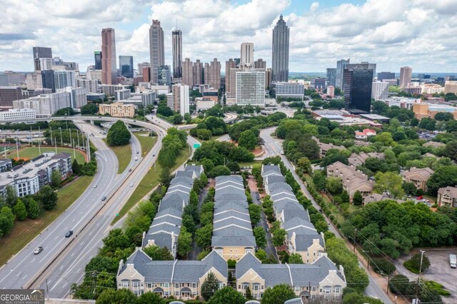 bird's eye view of a highway and a skyline view