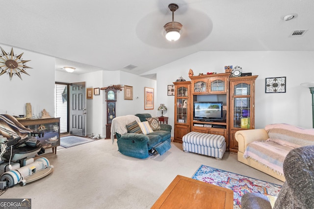425 W Ridgeway Rd, Maysville, GA 30558 - living room featuring vaulted ceiling, light carpet, and ceiling fan