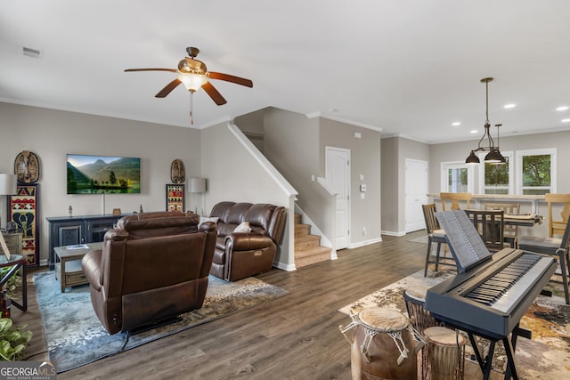 47 Reese Way, Savannah, GA 31419 - living room with a ceiling fan, recessed lighting, visible vents, stairs, and wood finished floors