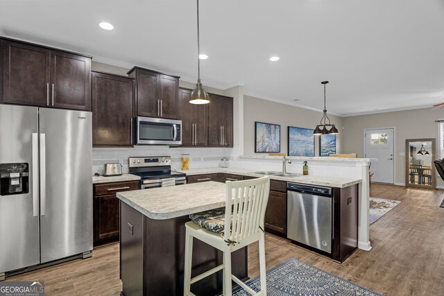 47 Reese Way, Savannah, GA 31419 - kitchen with a peninsula, stainless steel appliances, ornamental molding, light countertops, and dark brown cabinets