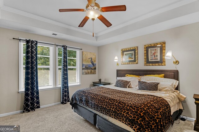 47 Reese Way, Savannah, GA 31419 - bedroom featuring carpet, a tray ceiling, baseboards, ceiling fan, and ornamental molding
