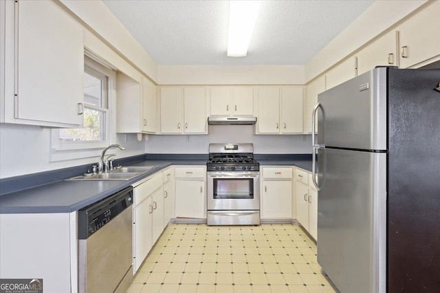 863 Hickory Bluff Rd, Waverly, GA 31565 - kitchen featuring under cabinet range hood, dark countertops, appliances with stainless steel finishes, and a sink