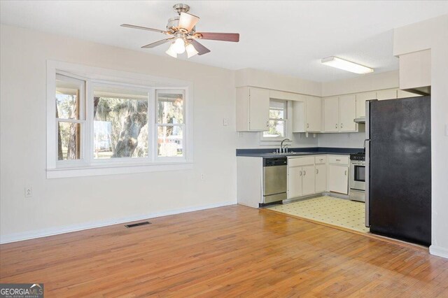 863 Hickory Bluff Rd, Waverly, GA 31565 - kitchen with light wood-style flooring, a sink, stainless steel appliances, visible vents, and ceiling fan