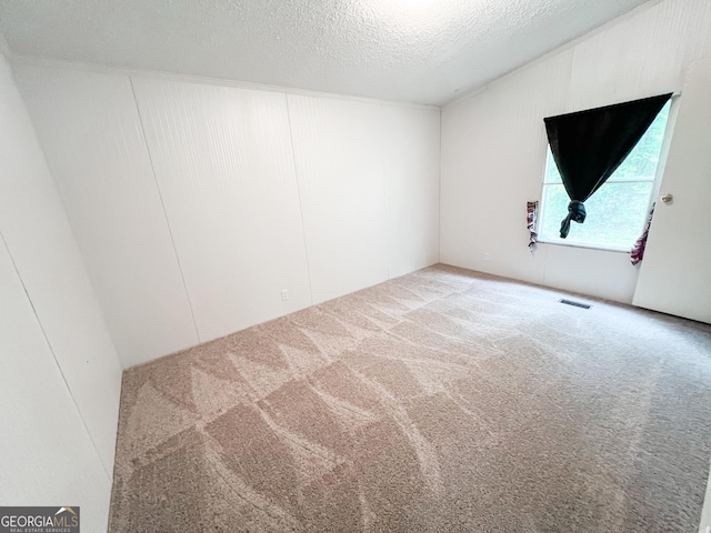 spare room featuring a textured ceiling, carpet flooring, and visible vents