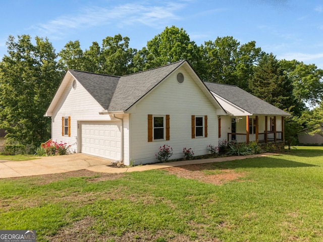 view of front of house featuring an attached garage, a front lawn, roof with shingles, a porch, and driveway