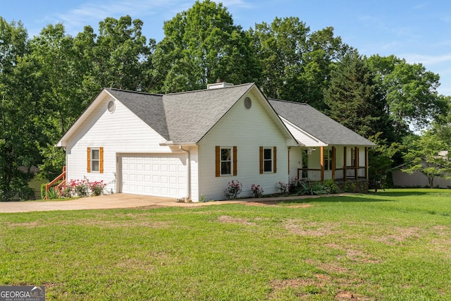 ranch-style house with covered porch, an attached garage, concrete driveway, a shingled roof, and a front yard