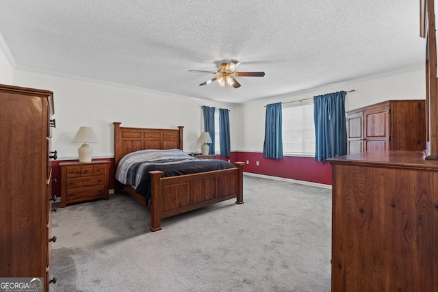 873 Austin Rd, Newnan, GA 30263 - bedroom with light carpet, a textured ceiling, ornamental molding, and a ceiling fan