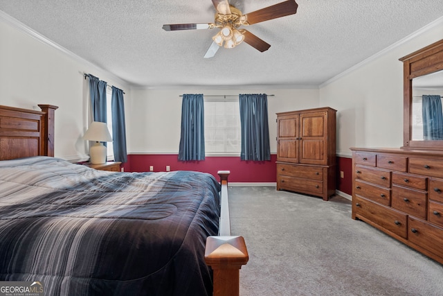 873 Austin Rd, Newnan, GA 30263 - bedroom with a textured ceiling, light colored carpet, ornamental molding, and ceiling fan
