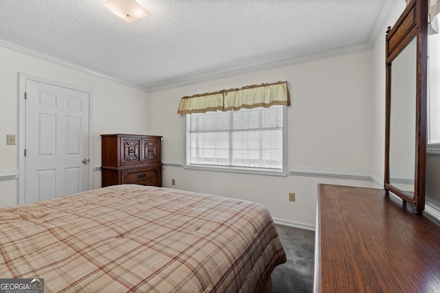 873 Austin Rd, Newnan, GA 30263 - bedroom featuring a textured ceiling, ornamental molding, and dark colored carpet