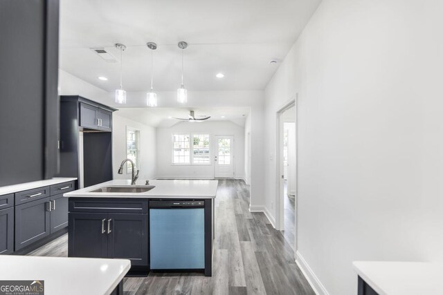 2349 Berthadale Ave, Macon, GA 31204 - kitchen featuring light wood finished floors, light countertops, a sink, ceiling fan, and dishwasher