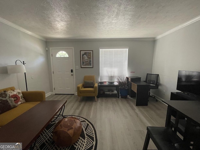 living area with baseboards, ornamental molding, light wood-style flooring, and a textured ceiling