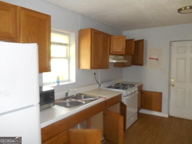 kitchen featuring a sink, white appliances, wood finished floors, under cabinet range hood, and light countertops