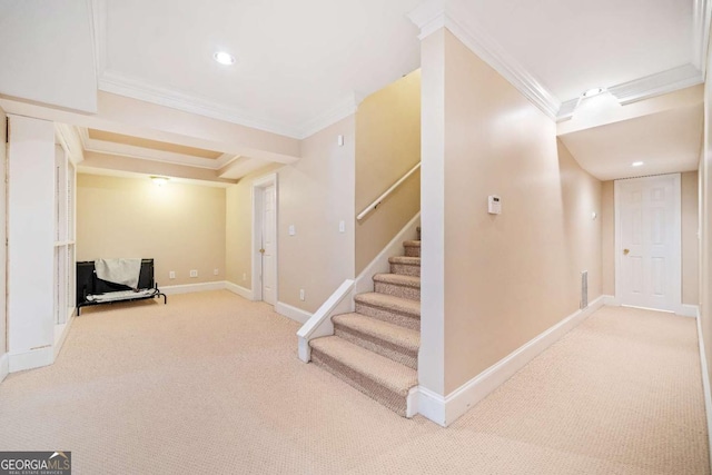 finished below grade area featuring crown molding, light colored carpet, stairs, baseboards, and recessed lighting