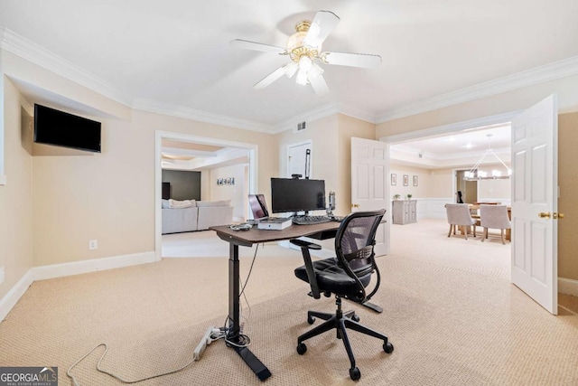 office with carpet, crown molding, a chandelier, and baseboards