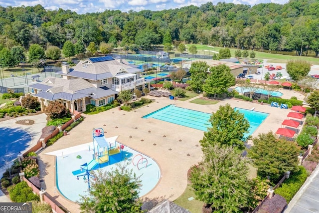 aerial view of a pool area