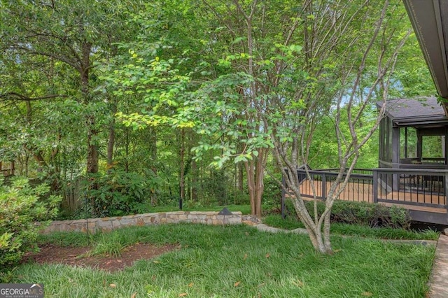 view of yard featuring a wooden deck