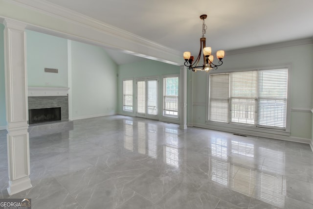 135 Magnolia Dr, Oxford, GA 30054 - unfurnished living room featuring a notable chandelier, a fireplace with raised hearth, baseboards, marble finish floor, and crown molding