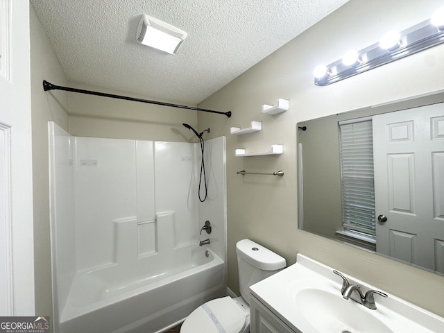 221 Courthouse Park Dr, Temple, GA 30179 - full bathroom featuring a textured ceiling, toilet, visible vents, vanity, and washtub / shower combination