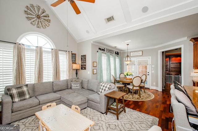 1340 Traditions Way, Jefferson, GA 30549 - living area with ceiling fan, dark wood finished floors, high vaulted ceiling, beam ceiling, and baseboards