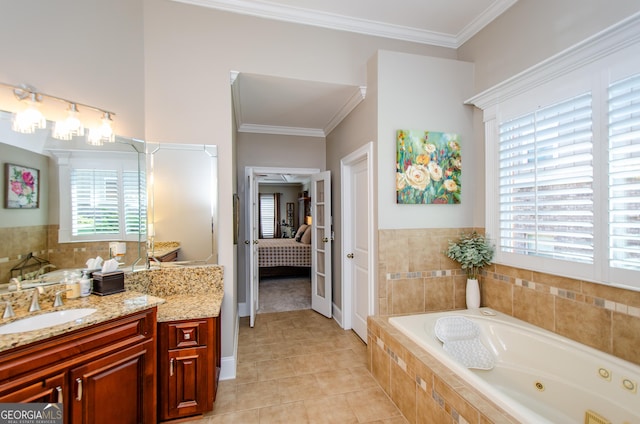 1340 Traditions Way, Jefferson, GA 30549 - full bath with ensuite bath, a jetted tub, vanity, tile patterned floors, and crown molding