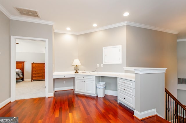 1340 Traditions Way, Jefferson, GA 30549 - unfurnished office featuring built in study area, dark wood-style floors, crown molding, recessed lighting, and baseboards