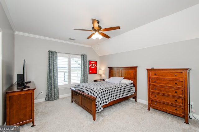 1340 Traditions Way, Jefferson, GA 30549 - bedroom featuring baseboards, light colored carpet, ornamental molding, a ceiling fan, and vaulted ceiling