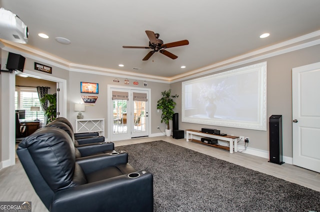 1340 Traditions Way, Jefferson, GA 30549 - home theater featuring a ceiling fan, healthy amount of natural light, ornamental molding, recessed lighting, and baseboards