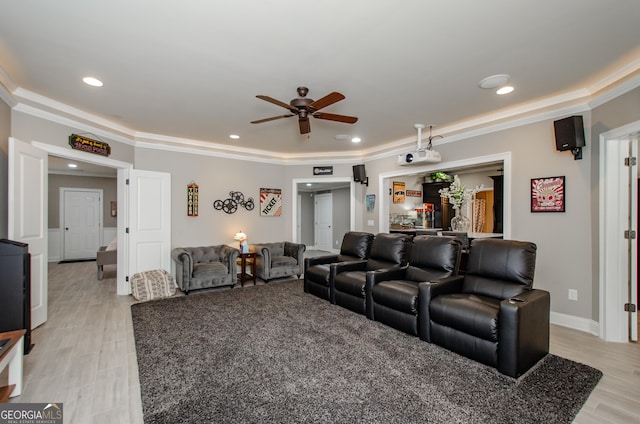 1340 Traditions Way, Jefferson, GA 30549 - home theater with a ceiling fan, light wood finished floors, recessed lighting, baseboards, and crown molding