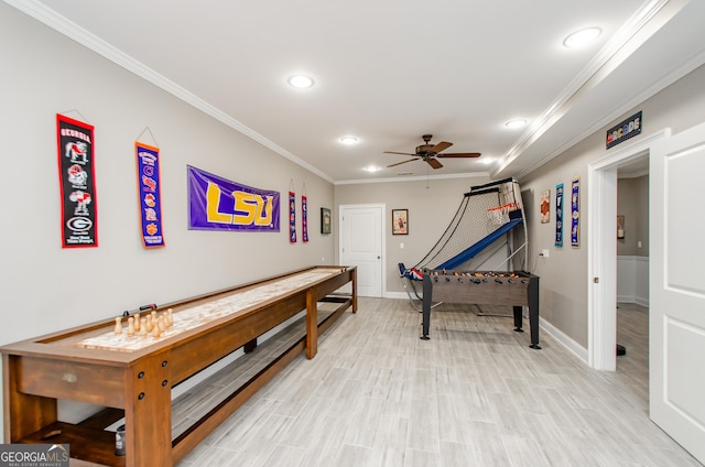 1340 Traditions Way, Jefferson, GA 30549 - rec room with recessed lighting, ceiling fan, baseboards, ornamental molding, and light wood finished floors