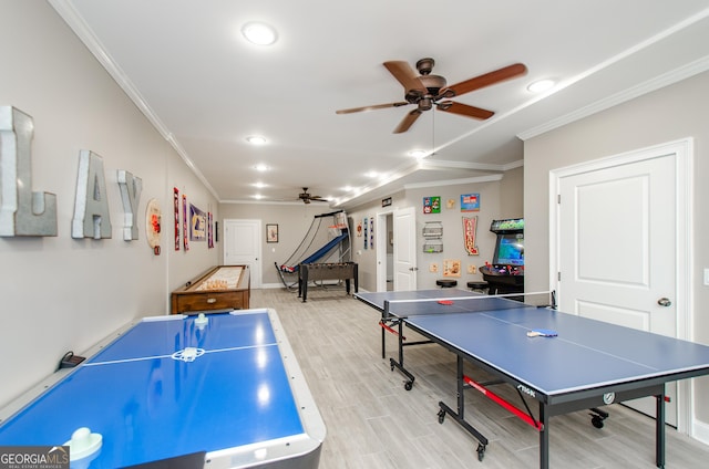 1340 Traditions Way, Jefferson, GA 30549 - playroom with a ceiling fan, crown molding, recessed lighting, light wood-style flooring, and baseboards