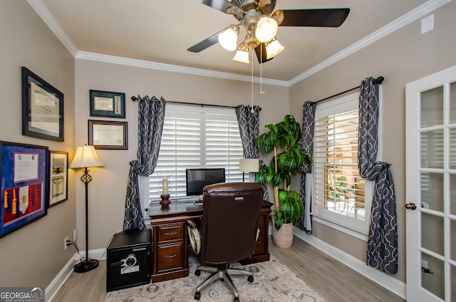 1340 Traditions Way, Jefferson, GA 30549 - home office with baseboards, wood finished floors, ornamental molding, and ceiling fan