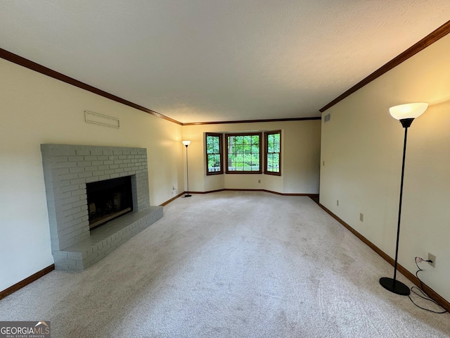 5307 Red Rock Trce, Powder Springs, GA 30127 - unfurnished living room with carpet, baseboards, ornamental molding, and a brick fireplace
