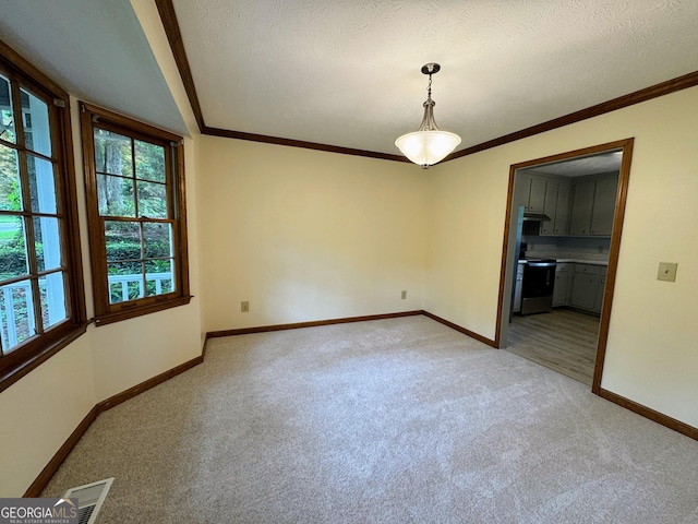empty room with light colored carpet, baseboards, crown molding, and a textured ceiling