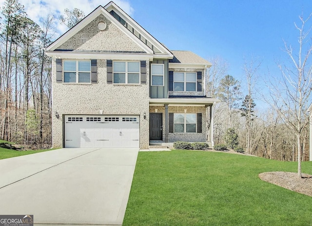 craftsman-style house with concrete driveway, brick siding, a garage, and a front lawn