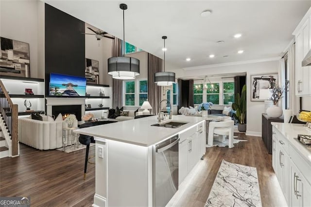 kitchen featuring a sink, stainless steel dishwasher, dark wood-style floors, light countertops, and ornamental molding