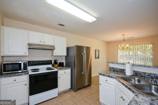 kitchen with appliances with stainless steel finishes, a sink, under cabinet range hood, a chandelier, and white cabinetry
