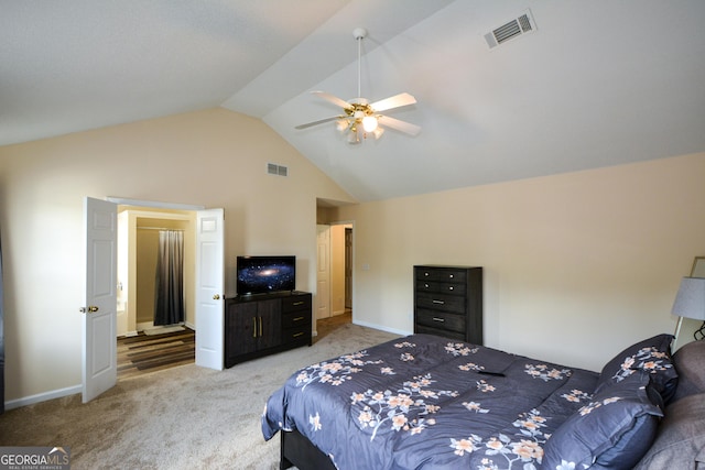bedroom with carpet, high vaulted ceiling, baseboards, and ceiling fan