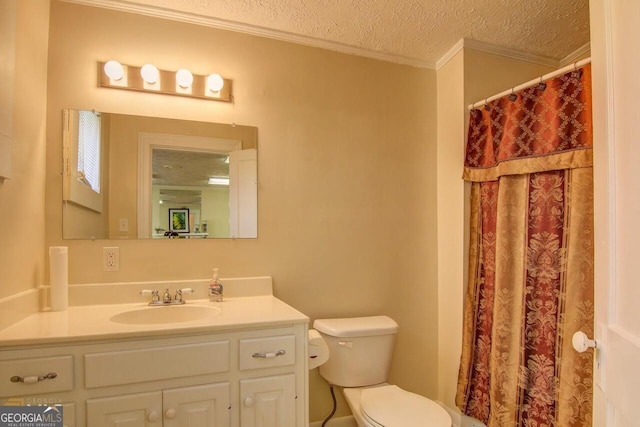 808 S Broad St, Monroe, GA 30655 - full bathroom featuring toilet, crown molding, a textured ceiling, curtained shower, and vanity