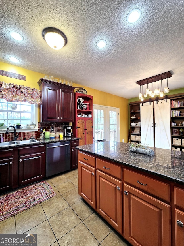 kitchen featuring french doors, a sink, open shelves, a textured ceiling, and dishwasher