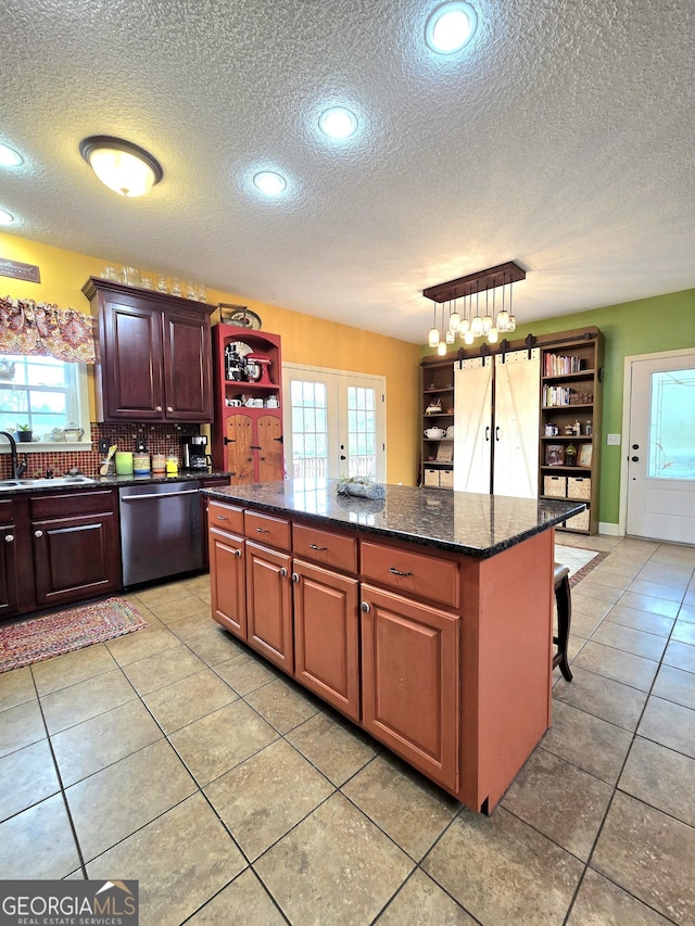 kitchen featuring a center island, a sink, open shelves, a textured ceiling, and dishwasher
