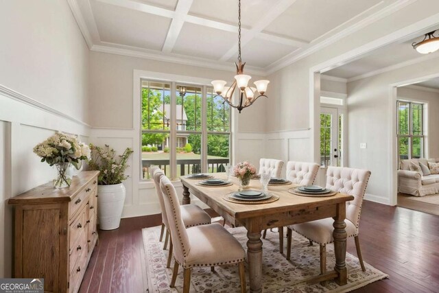 dining room with a decorative wall, coffered ceiling, a chandelier, a wainscoted wall, and dark wood-style floors