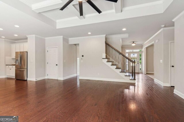 unfurnished living room with stairway, dark wood-type flooring, ceiling fan, baseboards, and recessed lighting