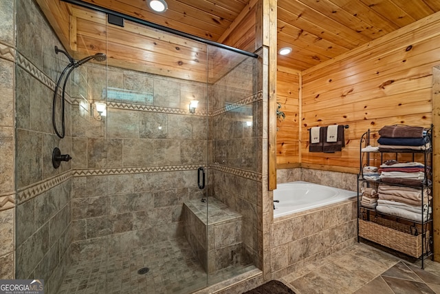 full bathroom featuring a shower stall, a garden tub, recessed lighting, and wooden ceiling