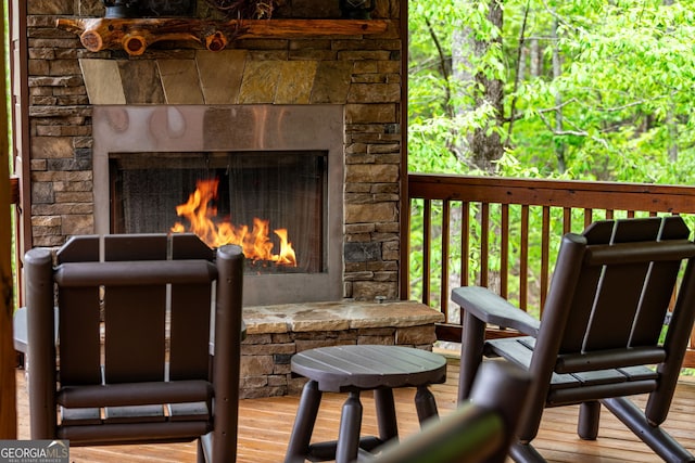 150 Katahdin Dr, Mineral Bluff, GA 30559 - wooden terrace featuring a stone fireplace