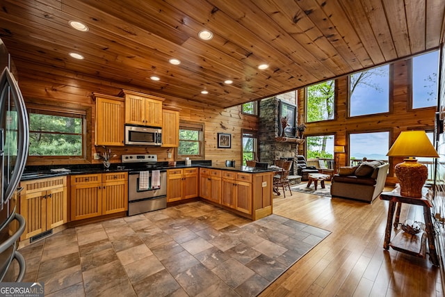 kitchen featuring stainless steel appliances, a stone fireplace, a peninsula, dark countertops, and wood walls