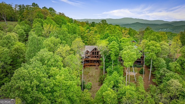 view of subject property featuring a forest and mountains